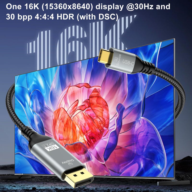 Angusplay USB C to DisplayPort 2.1 Cable 6.6FT, 16K@30Hz 8K@120Hz 4K@240Hz, Thunderbolt 4/3 to DP Cable 40Gbps, Compatible with MacBook Pro M4, iPhone 16, Dell XPS, Surface, Gaming Monitor - Image 2